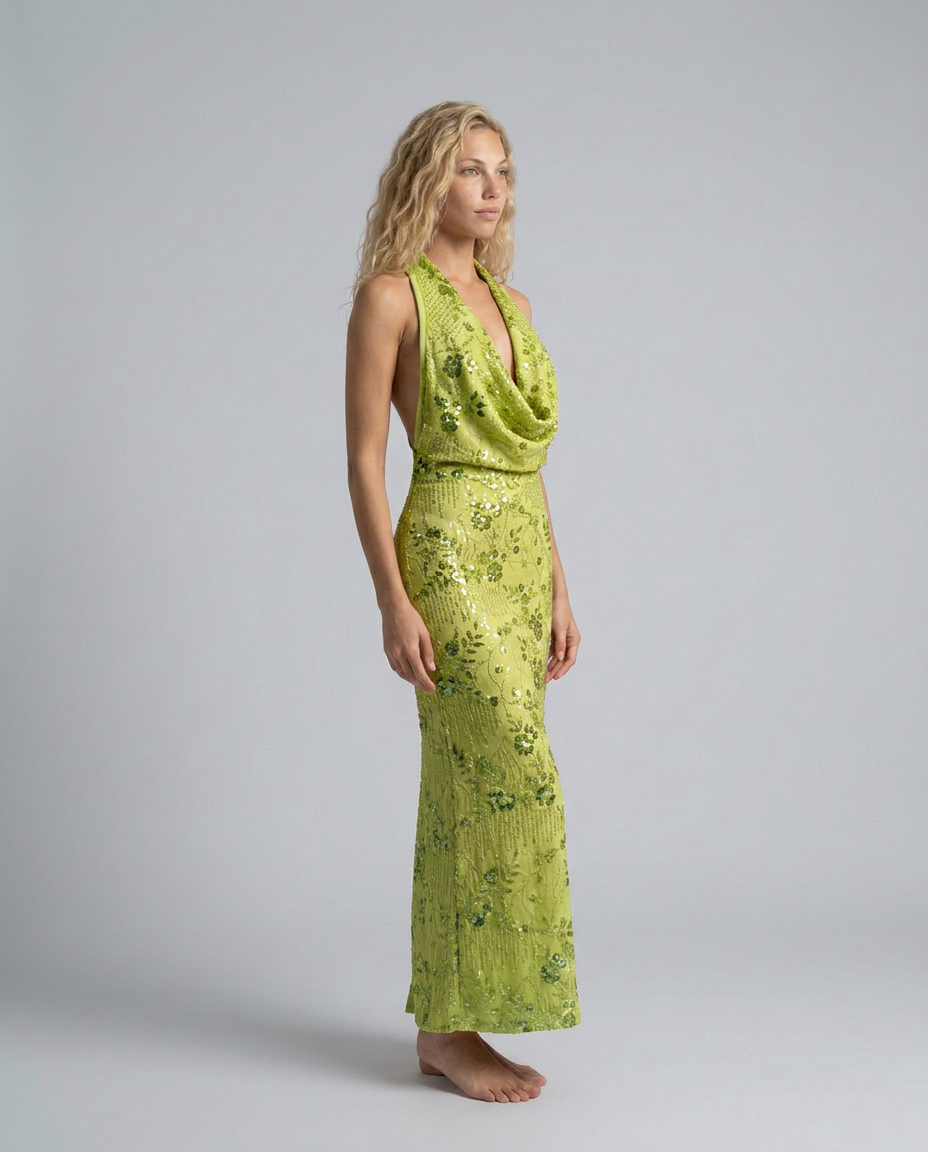Women's Denim Dress | Maxi Halter Cowl Neck Open Back