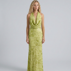 Women's Denim Dress | Maxi Halter Cowl Neck Open Back