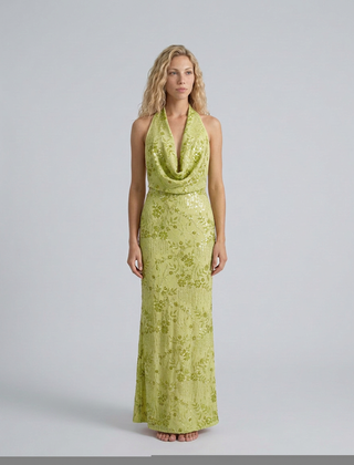 Women's Denim Dress | Maxi Halter Cowl Neck Open Back