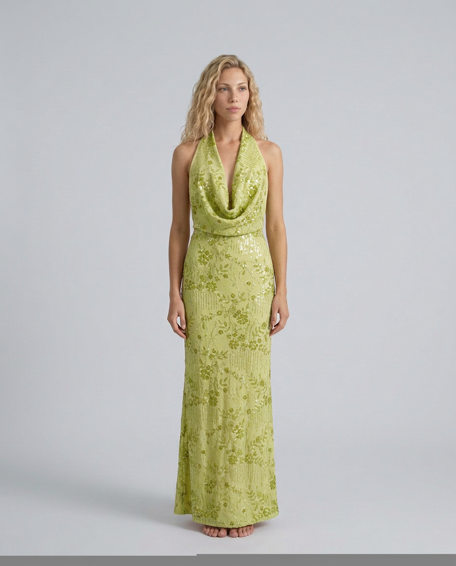 Women's Denim Dress | Maxi Halter Cowl Neck Open Back