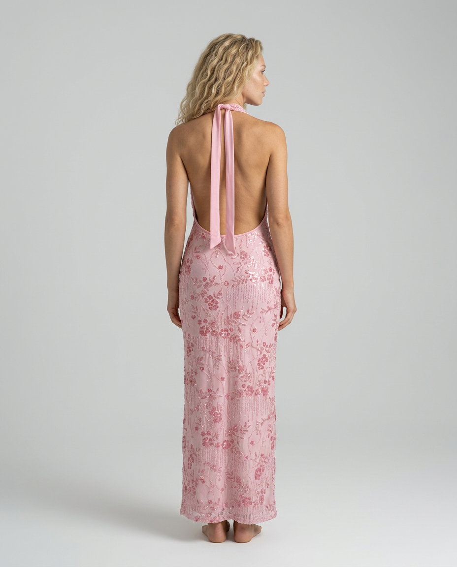Women's Denim Dress | Maxi Halter Cowl Neck Open Back
