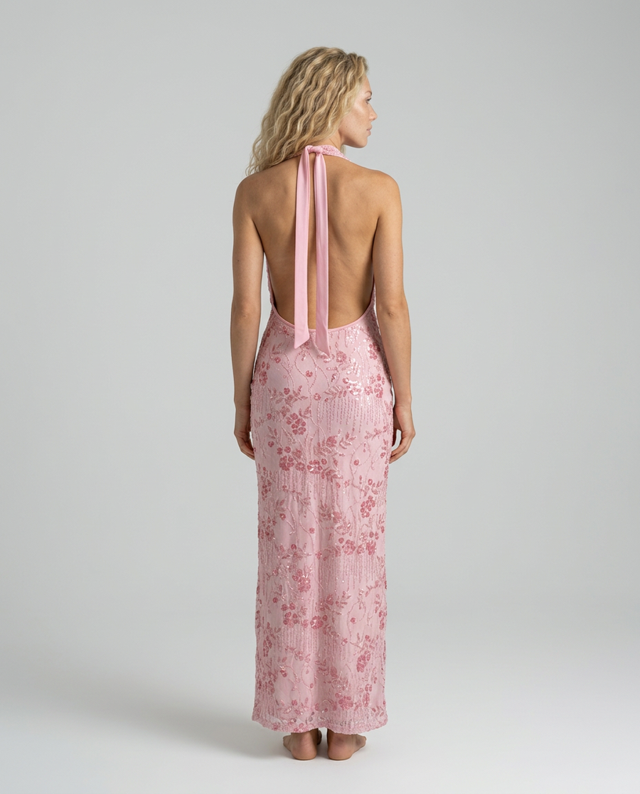 Women's Denim Dress | Maxi Halter Cowl Neck Open Back