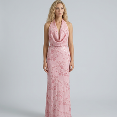 Women's Denim Dress | Maxi Halter Cowl Neck Open Back