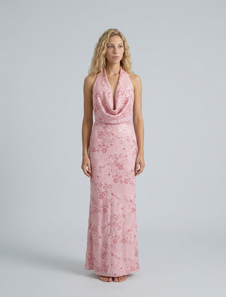 Women's Denim Dress | Maxi Halter Cowl Neck Open Back