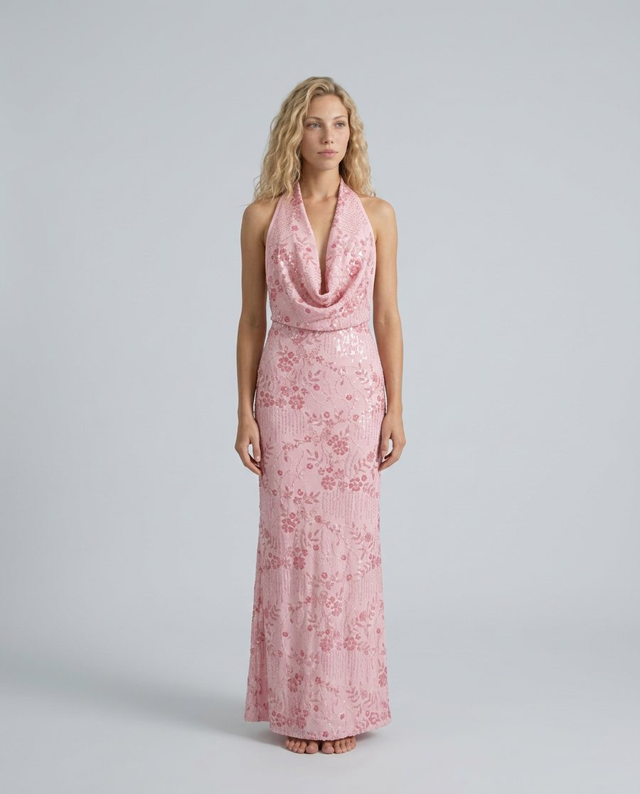 Women's Denim Dress | Maxi Halter Cowl Neck Open Back