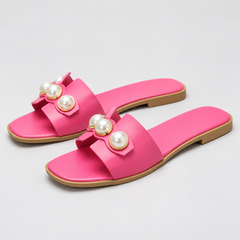 Women's Black Sandals | Open Toe Pearl Embellished Flat Slip On