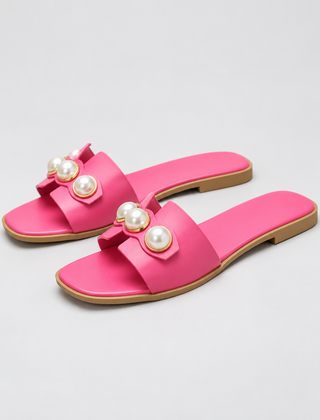 Women's Black Sandals | Open Toe Pearl Embellished Flat Slip On
