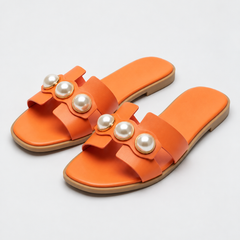 Women's Black Sandals | Open Toe Pearl Embellished Flat Slip On