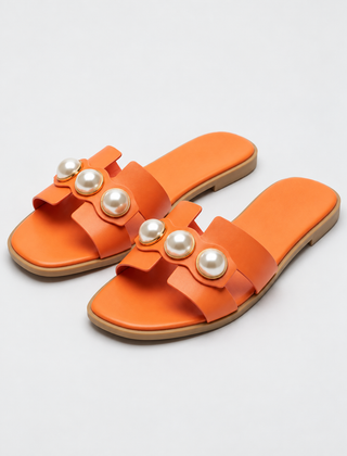 Women's Black Sandals | Open Toe Pearl Embellished Flat Slip On