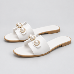 Women's Black Sandals | Open Toe Pearl Embellished Flat Slip On