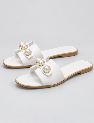 Women's Black Sandals | Open Toe Pearl Embellished Flat Slip On