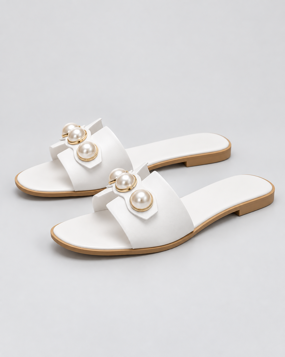 Women's Black Sandals | Open Toe Pearl Embellished Flat Slip On