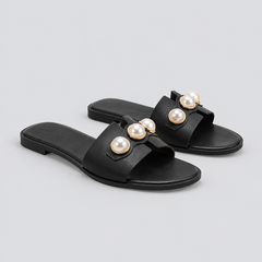 Women's Black Sandals | Open Toe Pearl Embellished Flat Slip On