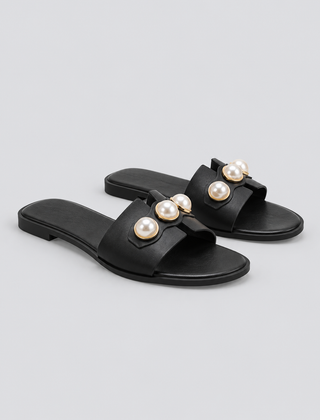 Women's Black Sandals | Open Toe Pearl Embellished Flat Slip On