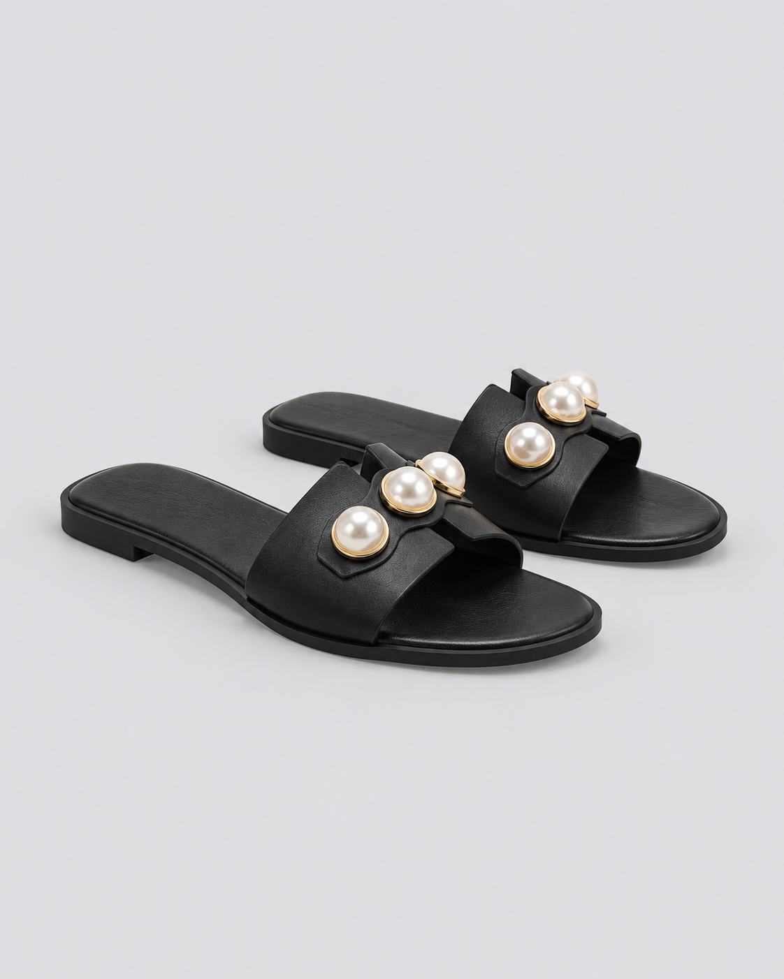 Women's Black Sandals | Open Toe Pearl Embellished Flat Slip On