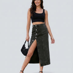 Women's Denim Skirt | Midi Length Button Front High Waist