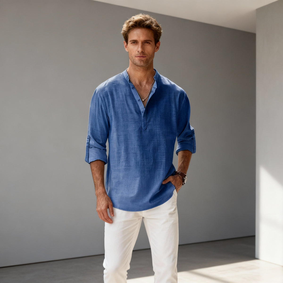 Men's Henley | V-Neck Long Sleeve Linen Relaxed Fit