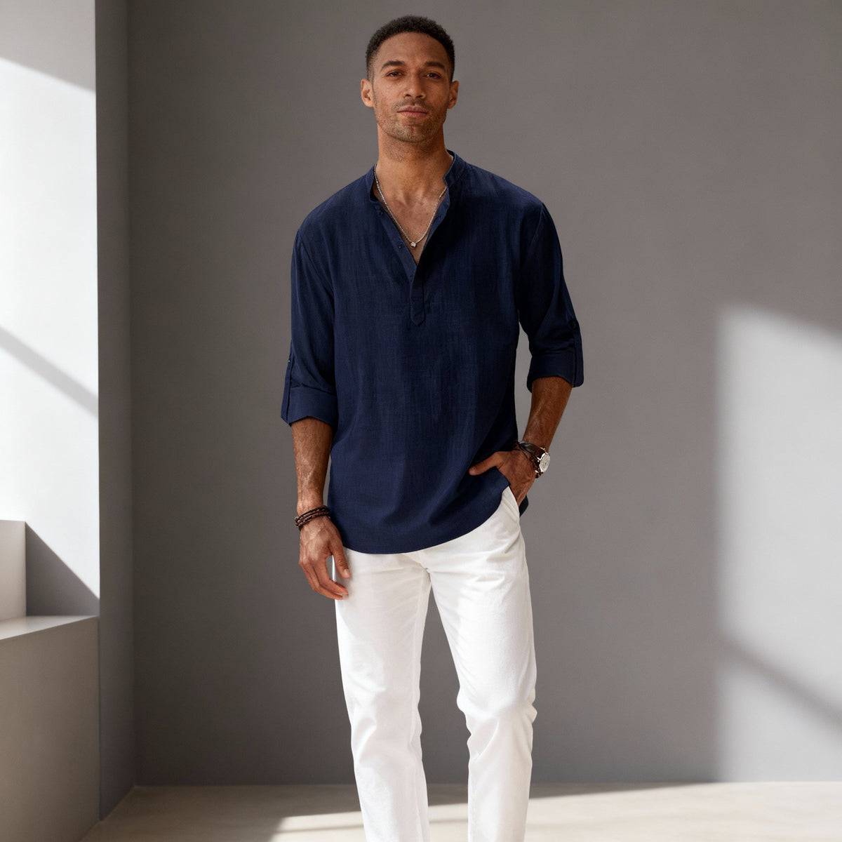 Men's Henley | V-Neck Long Sleeve Linen Relaxed Fit