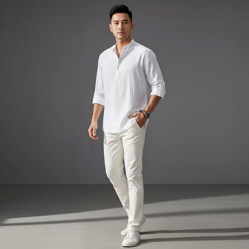 Men's Henley | V-Neck Long Sleeve Linen Relaxed Fit