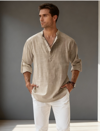 Men's Henley | V-Neck Long Sleeve Linen Relaxed Fit
