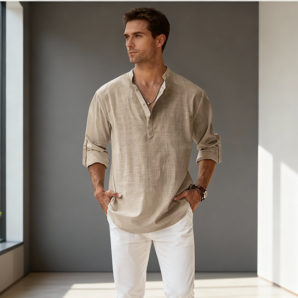 Men's Henley | V-Neck Long Sleeve Linen Relaxed Fit