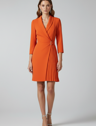 Women's Formal Dress | Notched Collar Wrap Midi Pleated