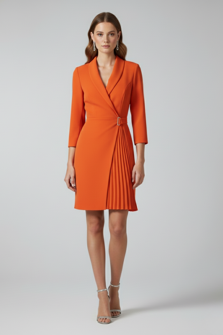 Women's Formal Dress | Notched Collar Wrap Midi Pleated