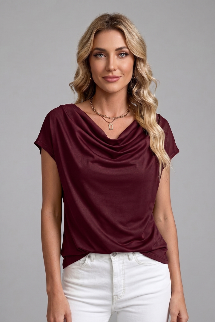 Women's Blouse | Cowl Neckline Short Sleeve Draped