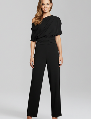 Women's Jumpsuit | Asymmetric Neckline Wide Leg Long Sleeves
