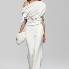 Women's Jumpsuit | Asymmetric Neckline Wide Leg Long Sleeves