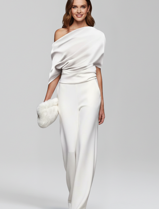 Women's Jumpsuit | Asymmetric Neckline Wide Leg Long Sleeves