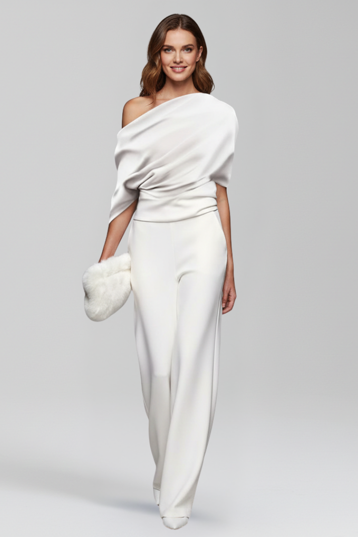 Women's Jumpsuit | Asymmetric Neckline Wide Leg Long Sleeves