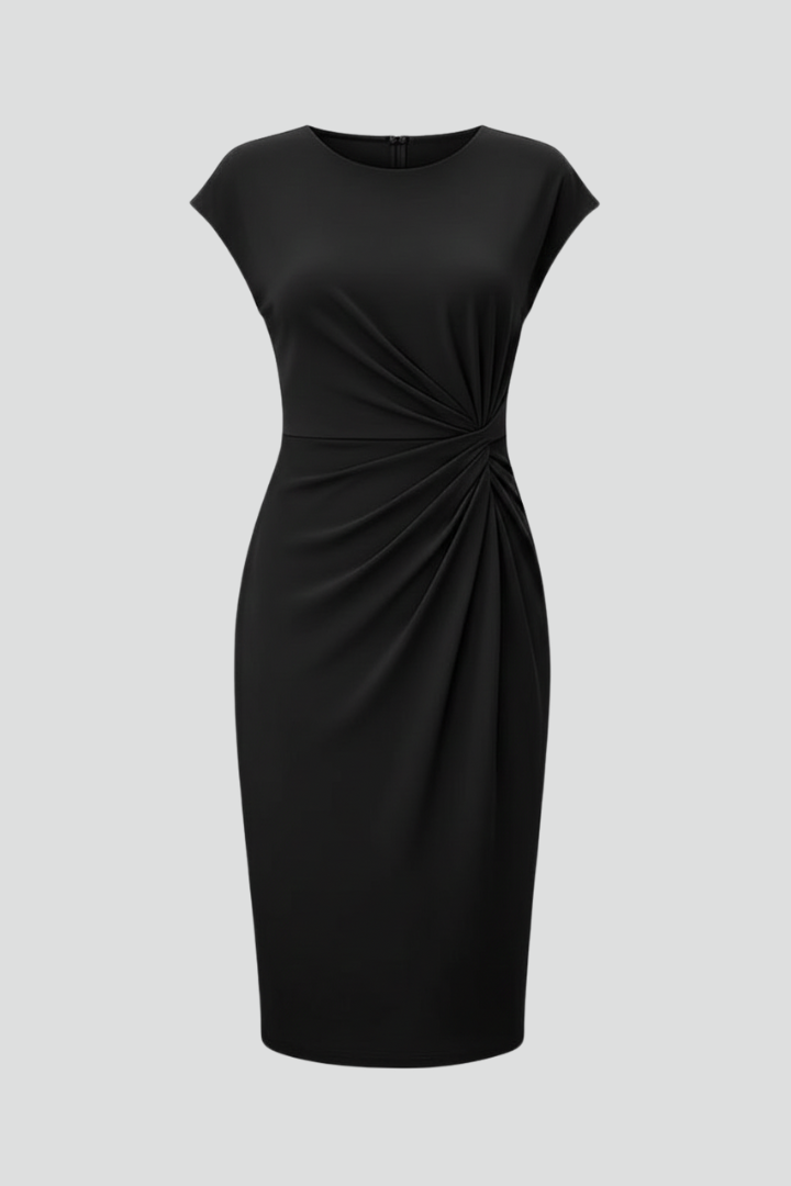 Women's Dress | Midi Length Round Neck Cap Sleeves Ruched