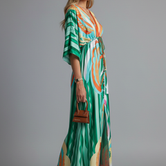 Women's Maxi Dress | V Neckline Batwing Sleeves Tie Waist