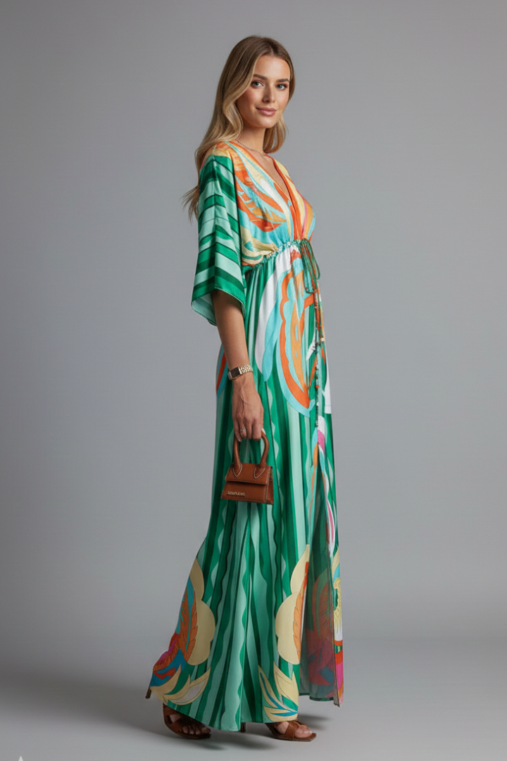 Women's Maxi Dress | V Neckline Batwing Sleeves Tie Waist