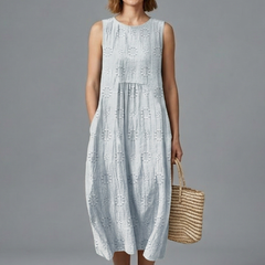 Women's Midi Dress | Round Neck Sleeveless Gathered Denim