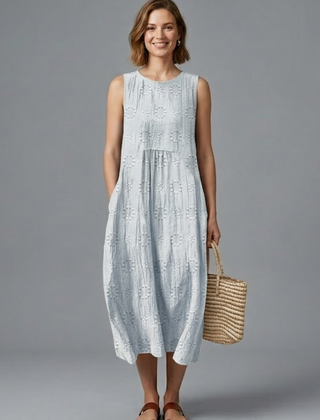 Women's Midi Dress | Round Neck Sleeveless Gathered Denim