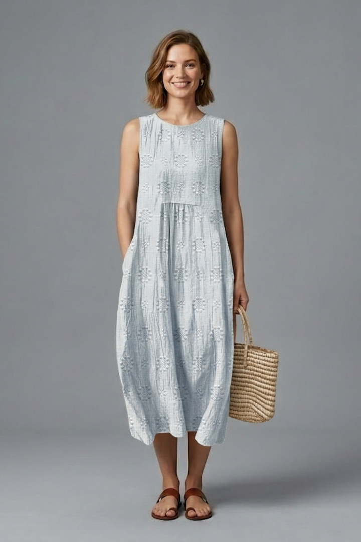 Women's Midi Dress | Round Neck Sleeveless Gathered Denim