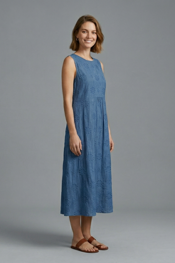 Women's Midi Dress | Round Neck Sleeveless Gathered Denim