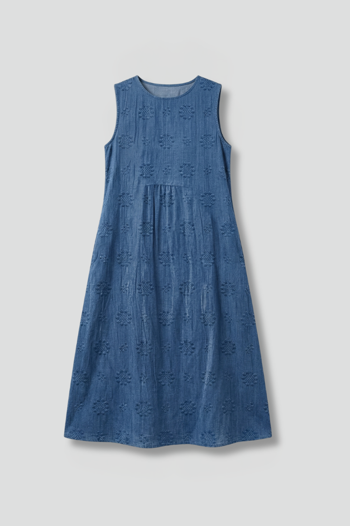 Women's Midi Dress | Round Neck Sleeveless Gathered Denim