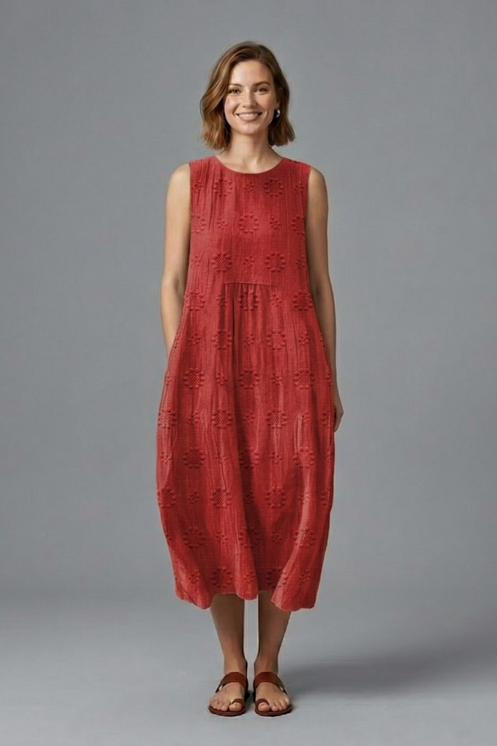Women's Midi Dress | Round Neck Sleeveless Gathered Denim
