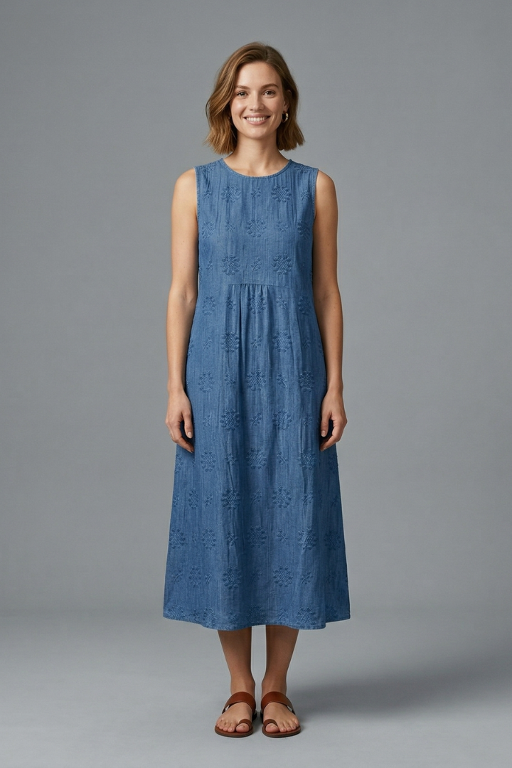 Women's Midi Dress | Round Neck Sleeveless Gathered Denim