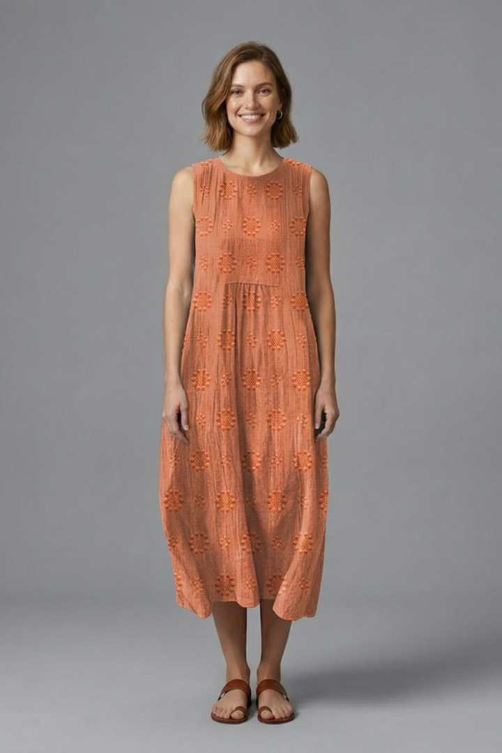 Women's Midi Dress | Round Neck Sleeveless Gathered Denim