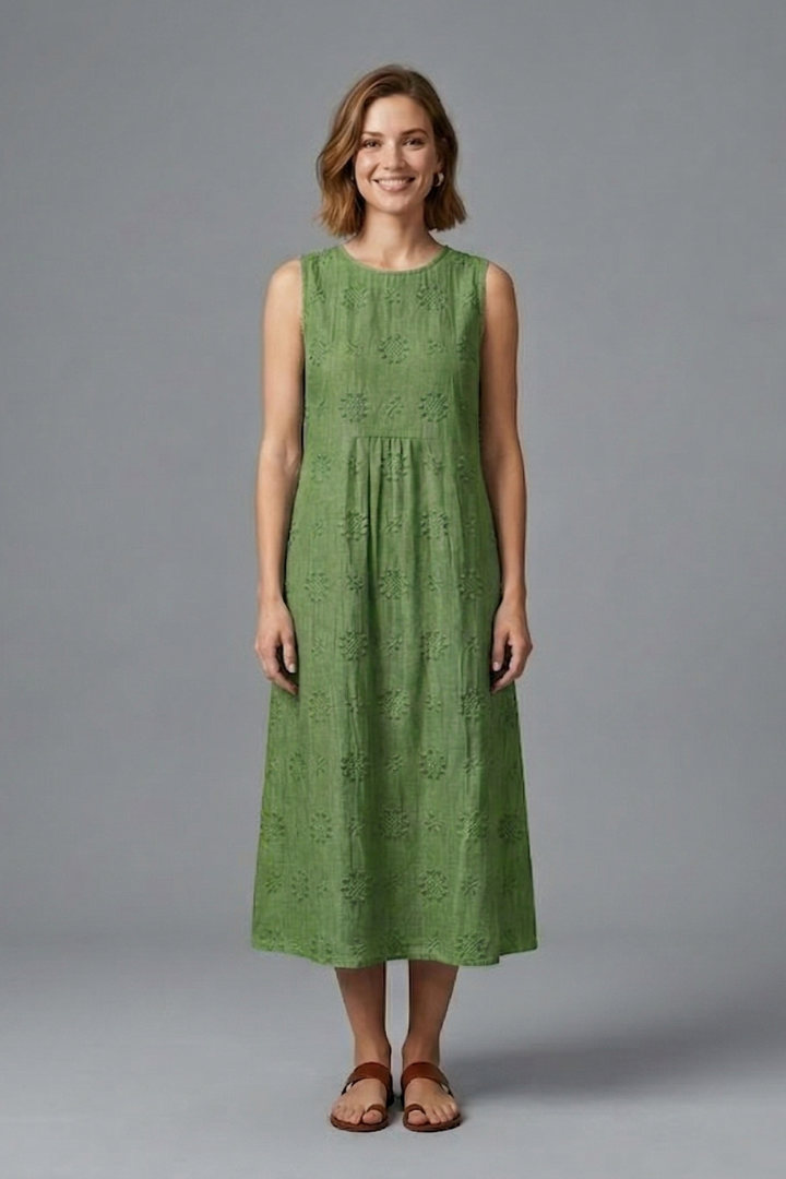 Women's Midi Dress | Round Neck Sleeveless Gathered Denim