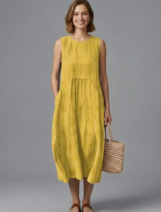 Women's Midi Dress | Round Neck Sleeveless Gathered Denim
