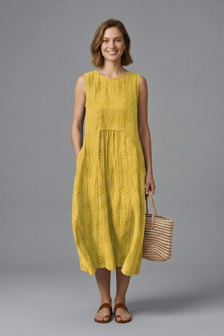 Women's Midi Dress | Round Neck Sleeveless Gathered Denim