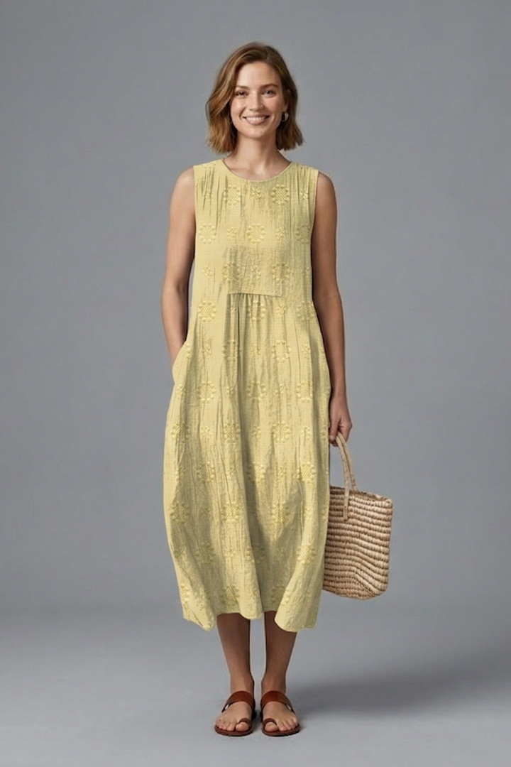 Women's Midi Dress | Round Neck Sleeveless Gathered Denim