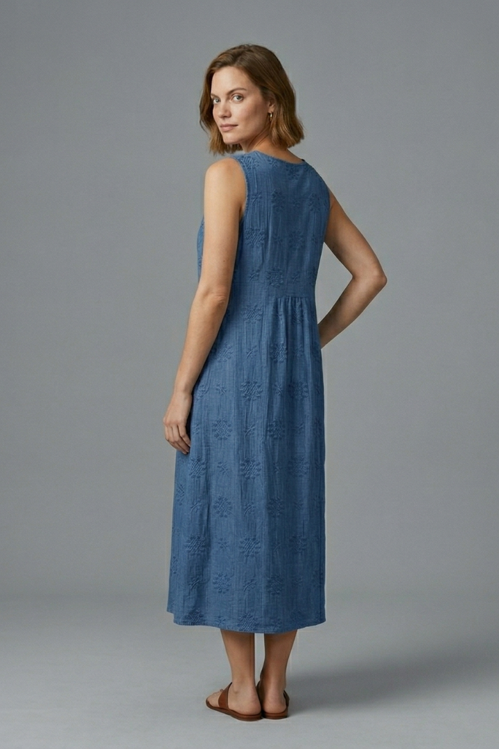 Women's Midi Dress | Round Neck Sleeveless Gathered Denim