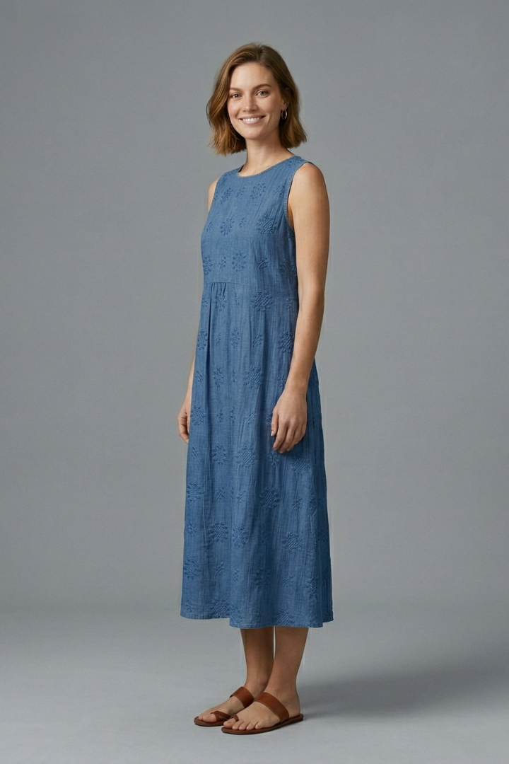 Women's Midi Dress | Round Neck Sleeveless Gathered Denim