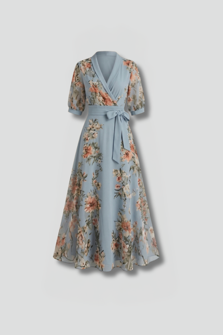 Women's Summer Dress | V-Neck Midi Floral Wrap Puff Sleeve